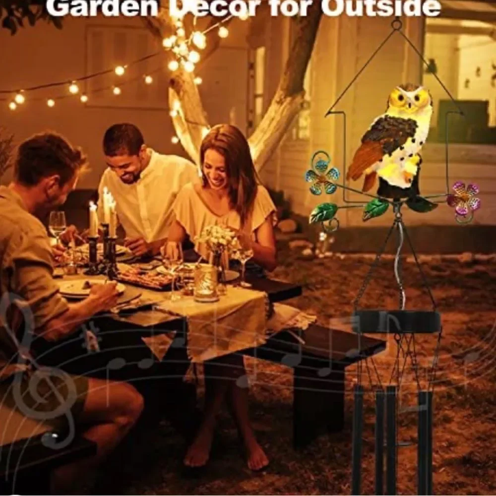 Solar OWL Wind-chimes. Outdoor decor solar powered lights up at night.
